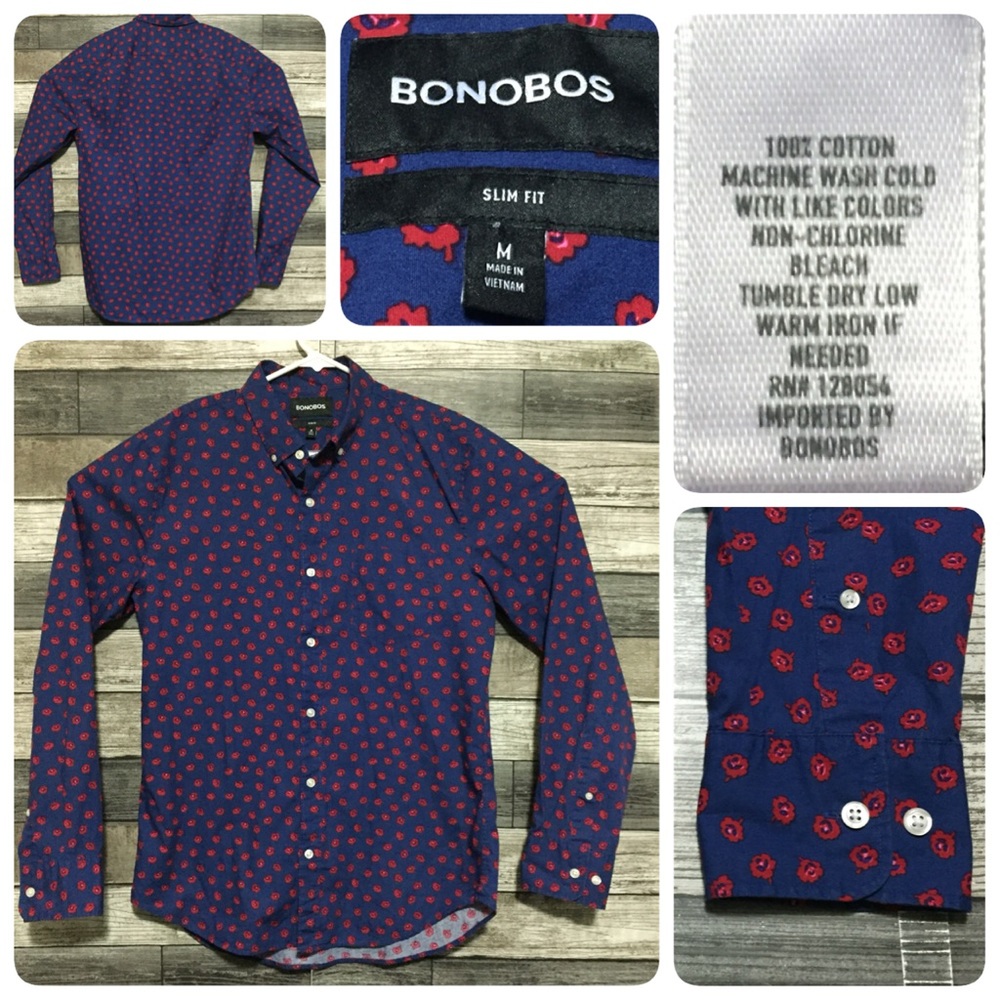 Bonobos slim fit floral button down shirt men’s M blue red 100% cotton